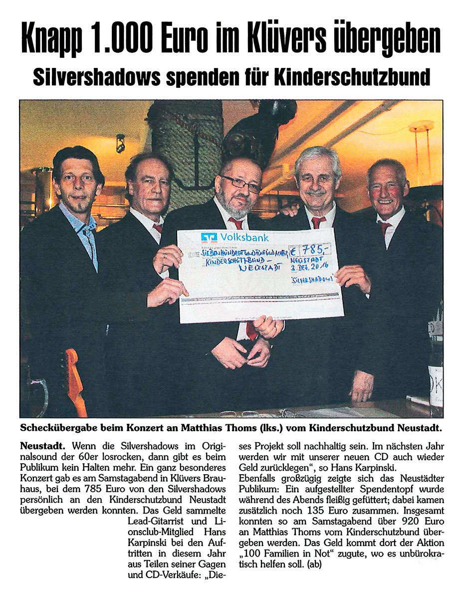 Pressemitteilung. Silvershadows spenden 1000 Euro