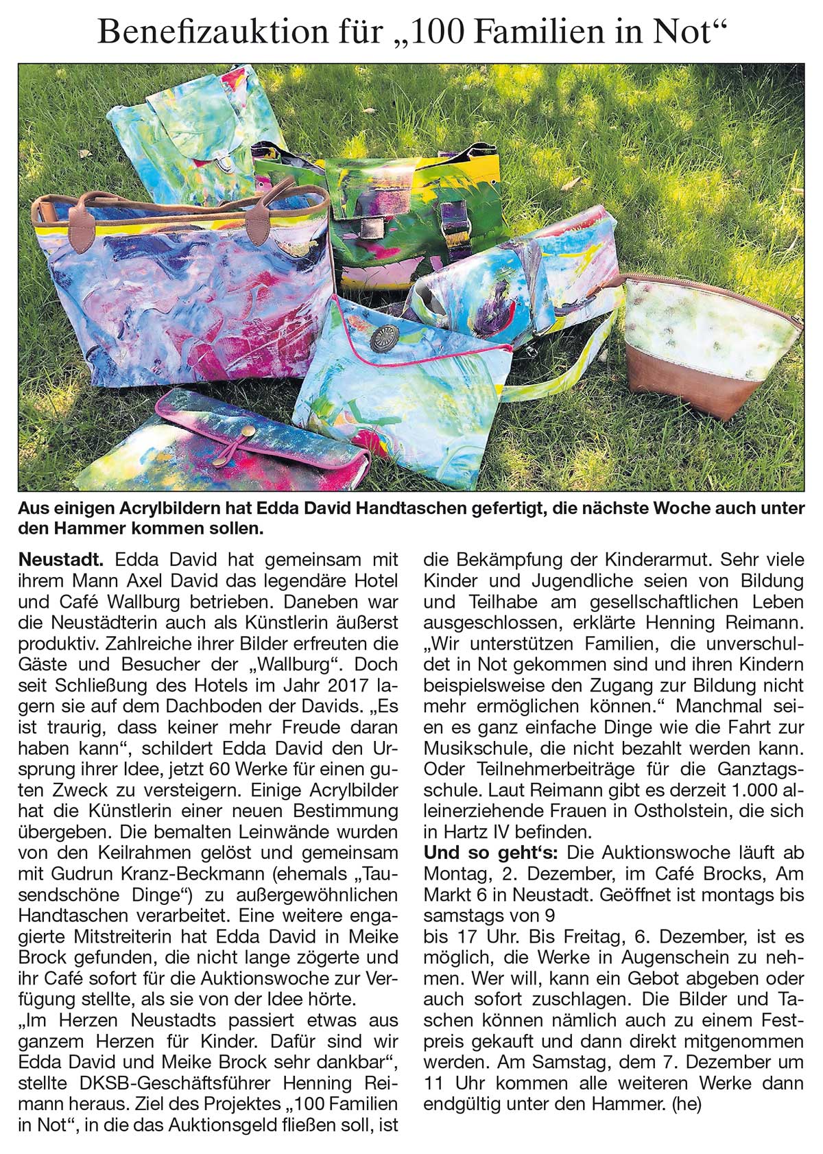Kunstauktion in Neustadt für 100 Familien in Not